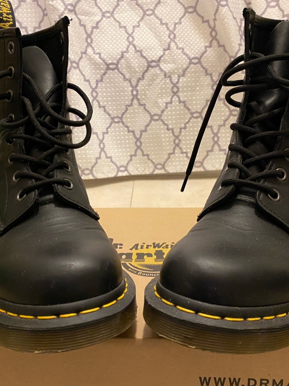Dr. Martens Black Leather Lace-Up Boots with Yellow Stitching